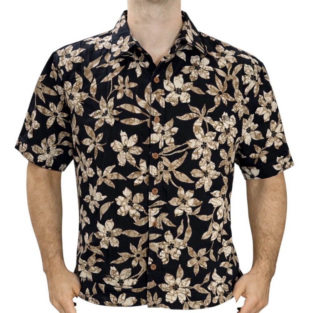 Cooke‎ Street Hawaiian Aloha Shirt Medium Floral Tropical Flowers Black Tan
